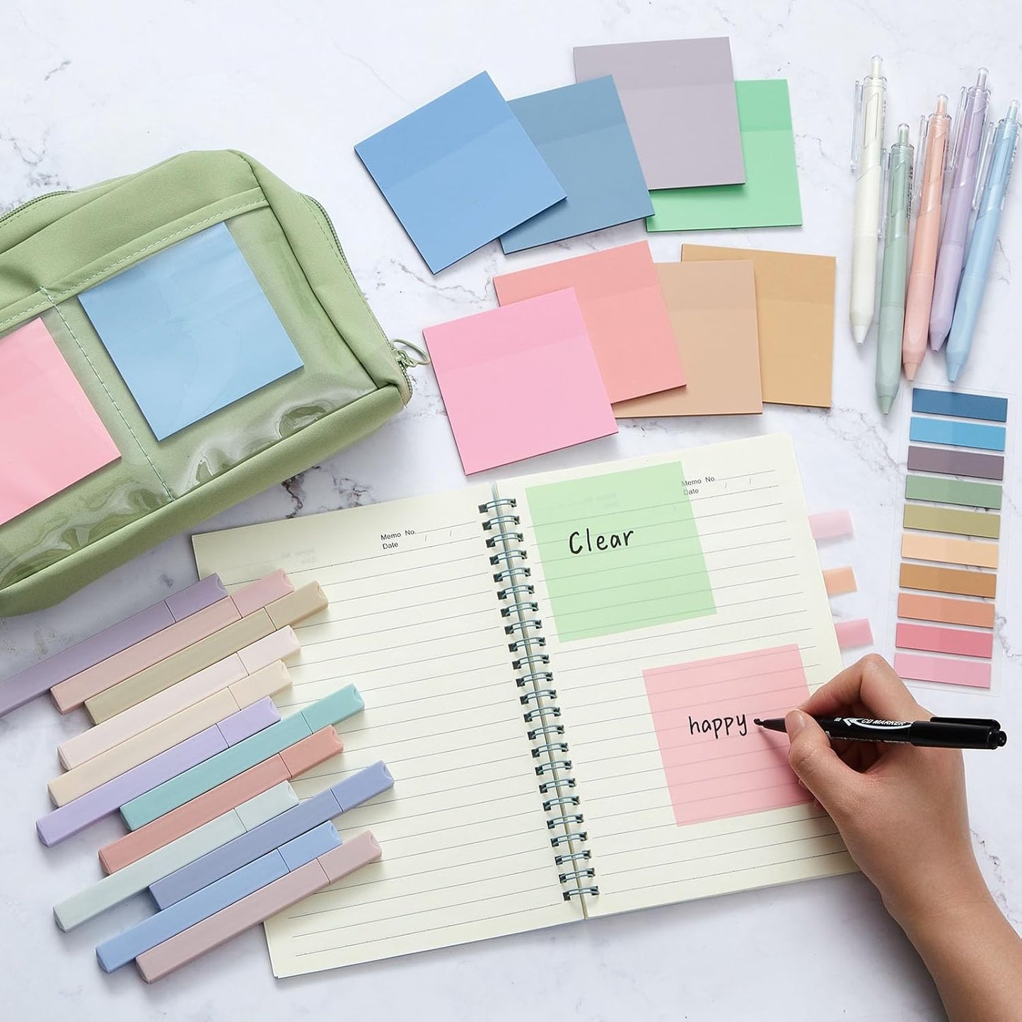 Jutom 39 Pcs Aesthetic Book Annotation Kit Highlighter with Pencil Case Bag Gel Pen Transparent Sticky Note Taking Bible Study College School Supplies(Green,Kawaii Style)