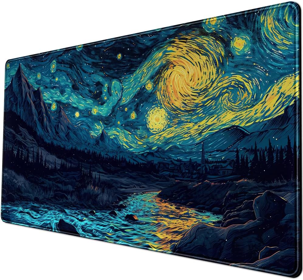 Misty Forest Desk Pad Mat Vincent Van Gogh XL Mouse Pad Gaming Playmat Large Mousepad XXL Desk Laptop Pad Equipped with Waterproof Storage Bag Non-Slip Stitched Edges (31.5x15.7 in)