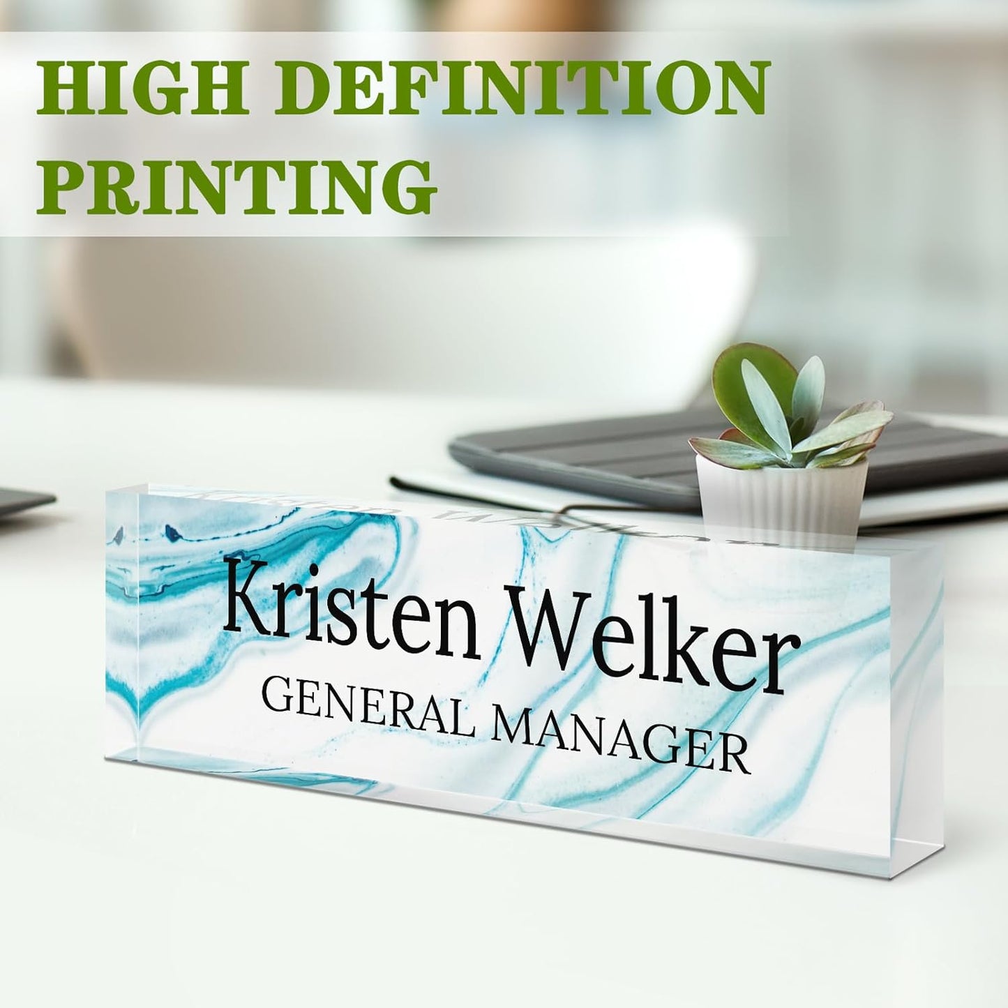 Gowellly Desk Name Plate Personalized - Custom Acrylic Name Plate for Desk - Enterprise Custom Logo/Text nameplates - Employee Appreciation Gifts (White Blue Marble)