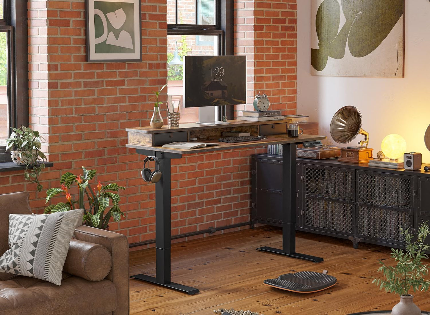 FEZIBO 48'' x 24'' Height Adjustable Electric Standing Desk with Double Drawer, Home Office Stand Up Table with 4 Height-Adjustable Feets & 2 Hooks, Vintage Brown