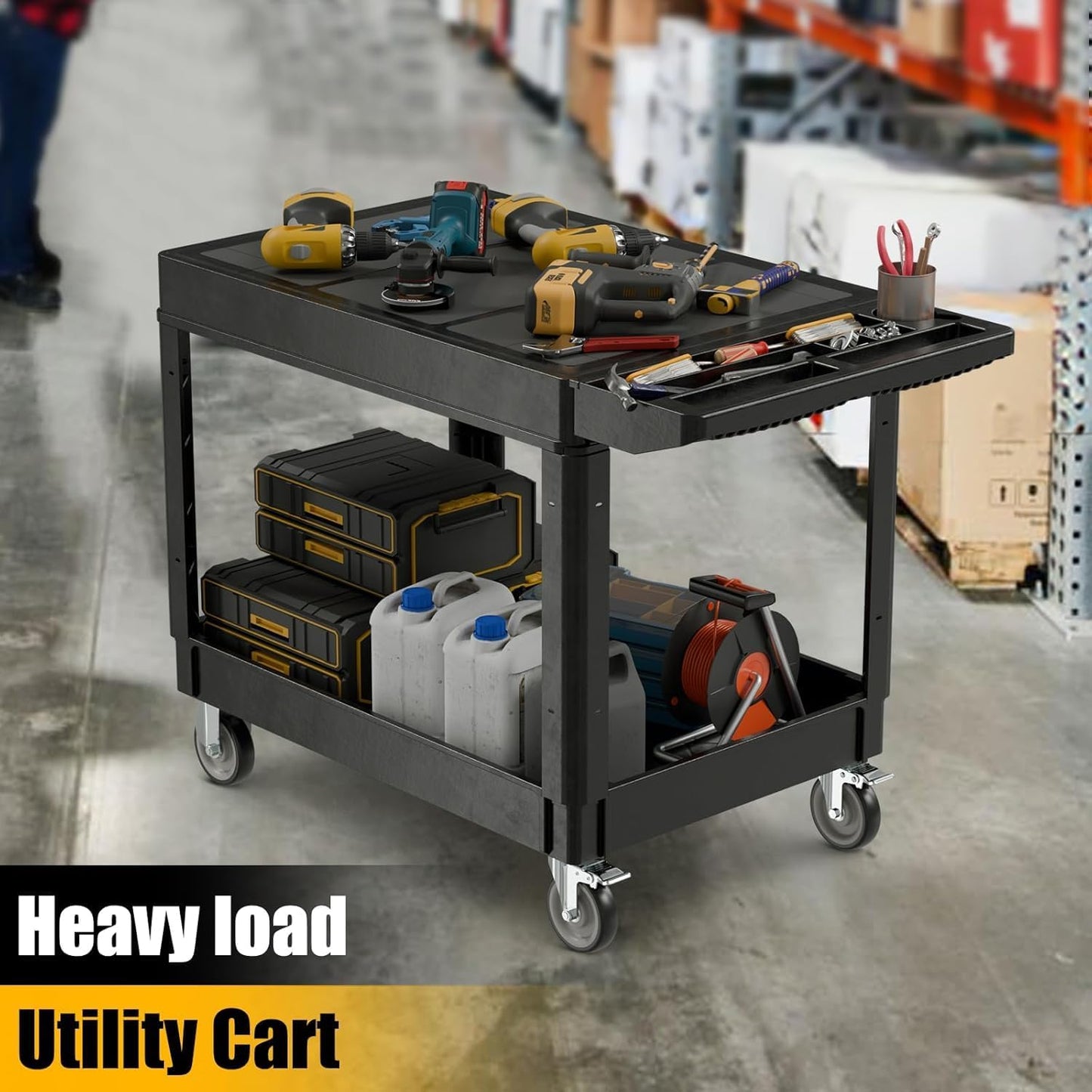 2 Tier Rolling Utility Cart on Wheels, 1000 lbs Capacity Flat Top Plastic Service Cart with Lipped Shelves, 46 x 26-Inch Heavy Duty Work Cart for Warehouse, Garage, Cleaning, Black