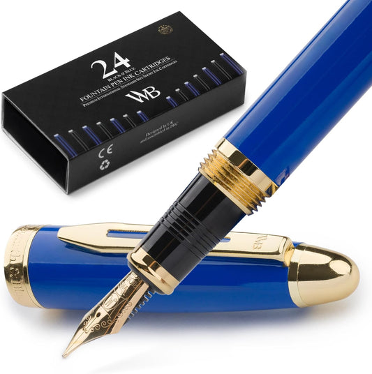 Wordsworth & Black Majesti Fountain Pen-(Blue), Luxury Case, 24K Gold Finish; 18K Gilded Medium Nib- Ink Cartridges, Refillable Ink Converter-Calligraphy Pen-Best Business Gift Set for Men & Women