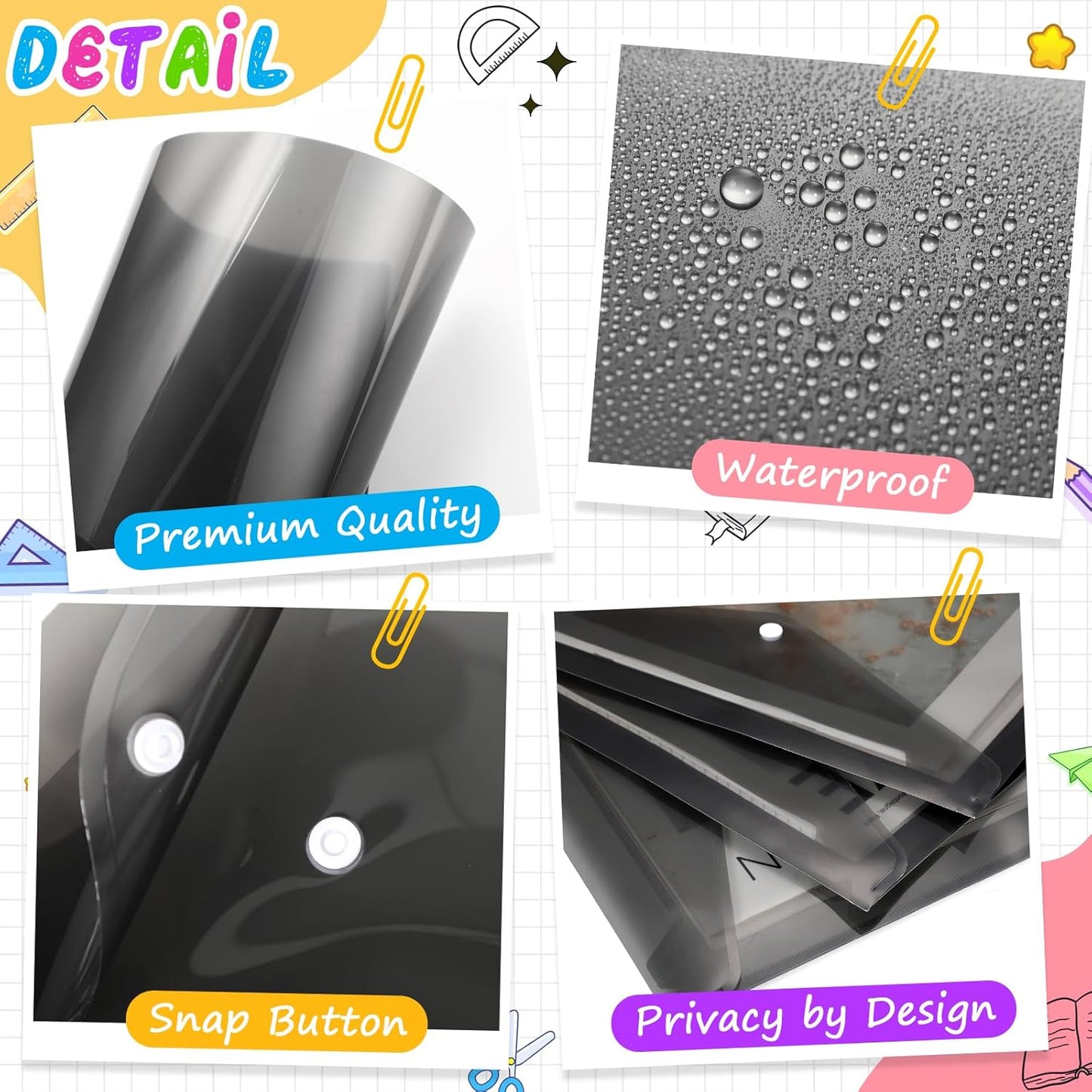 100 Pcs Clear Envelopes with Snap Button Closure Bulk A4 Letter Size Clear Plastic Envelope Folder Document Organizer File Folders for Office Home(Black)