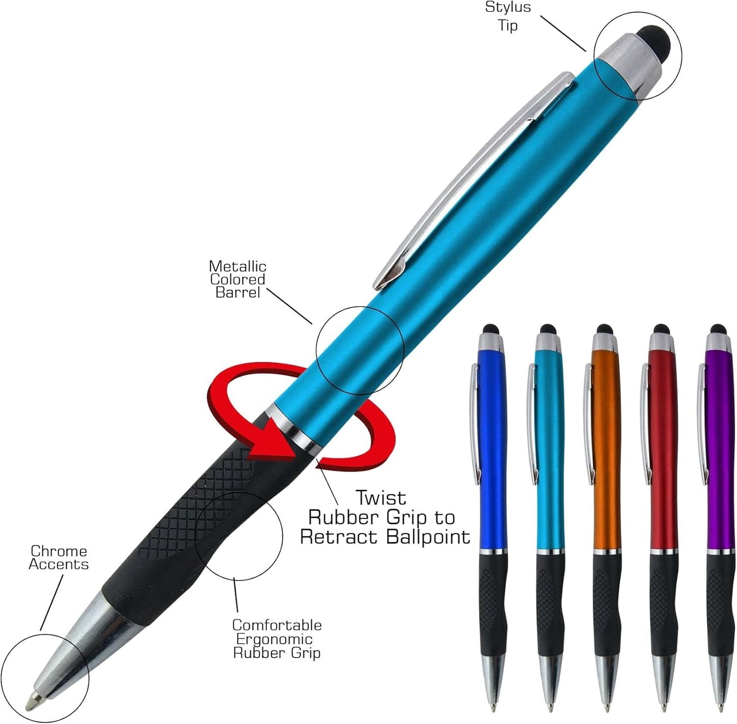 Customized Pens With your Custom Logo or Text-300 Pack Bulk-for Businesses, Parties, and Events, 2 in 1 Ballpoint Pen + Capacitive Stylus Compatible with Touchscreen Devices, Red Barrel, Blue Ink