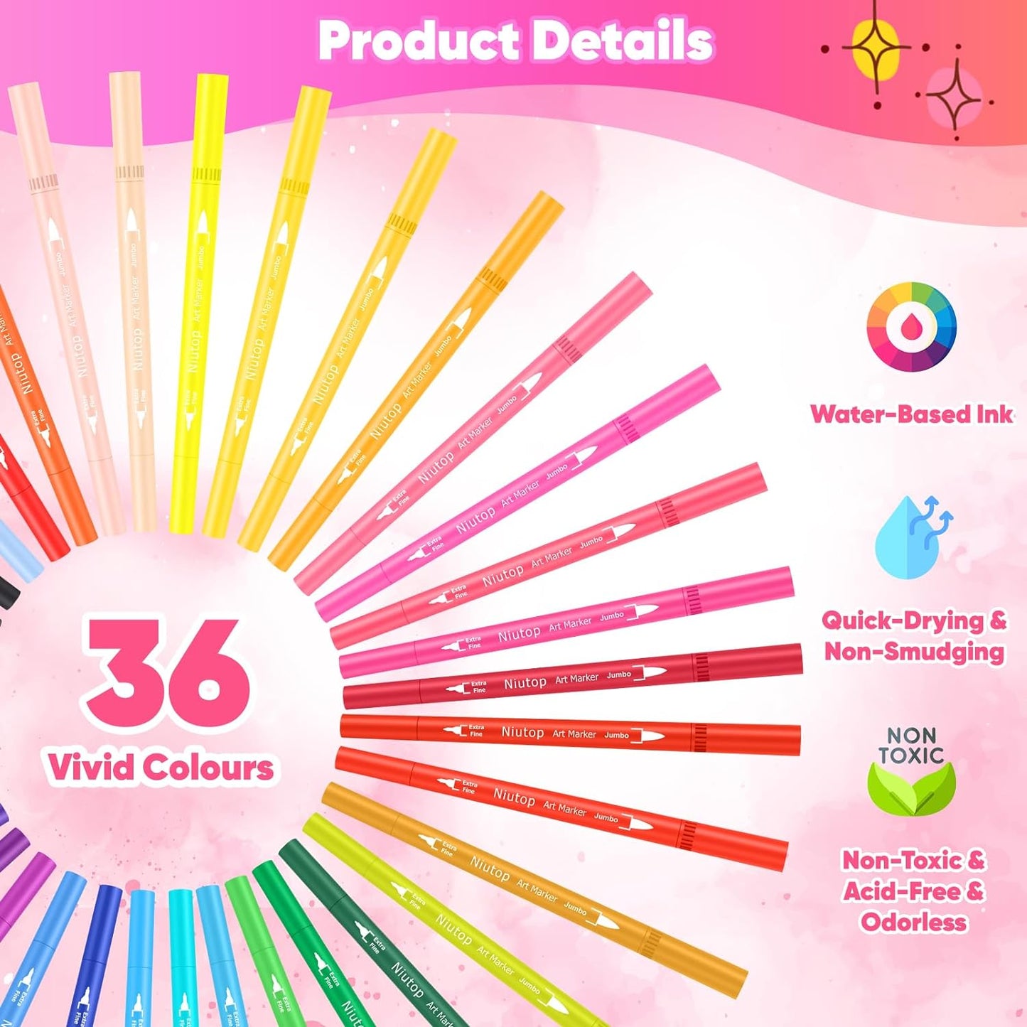 Niutop 36 Colors Fine & Brush Tip Dual Tip Coloring Marker Pens, Doodle Art Markers for Adult Coloring Books, Calligraphy Journaling, Art Supplies for Kids 9-12