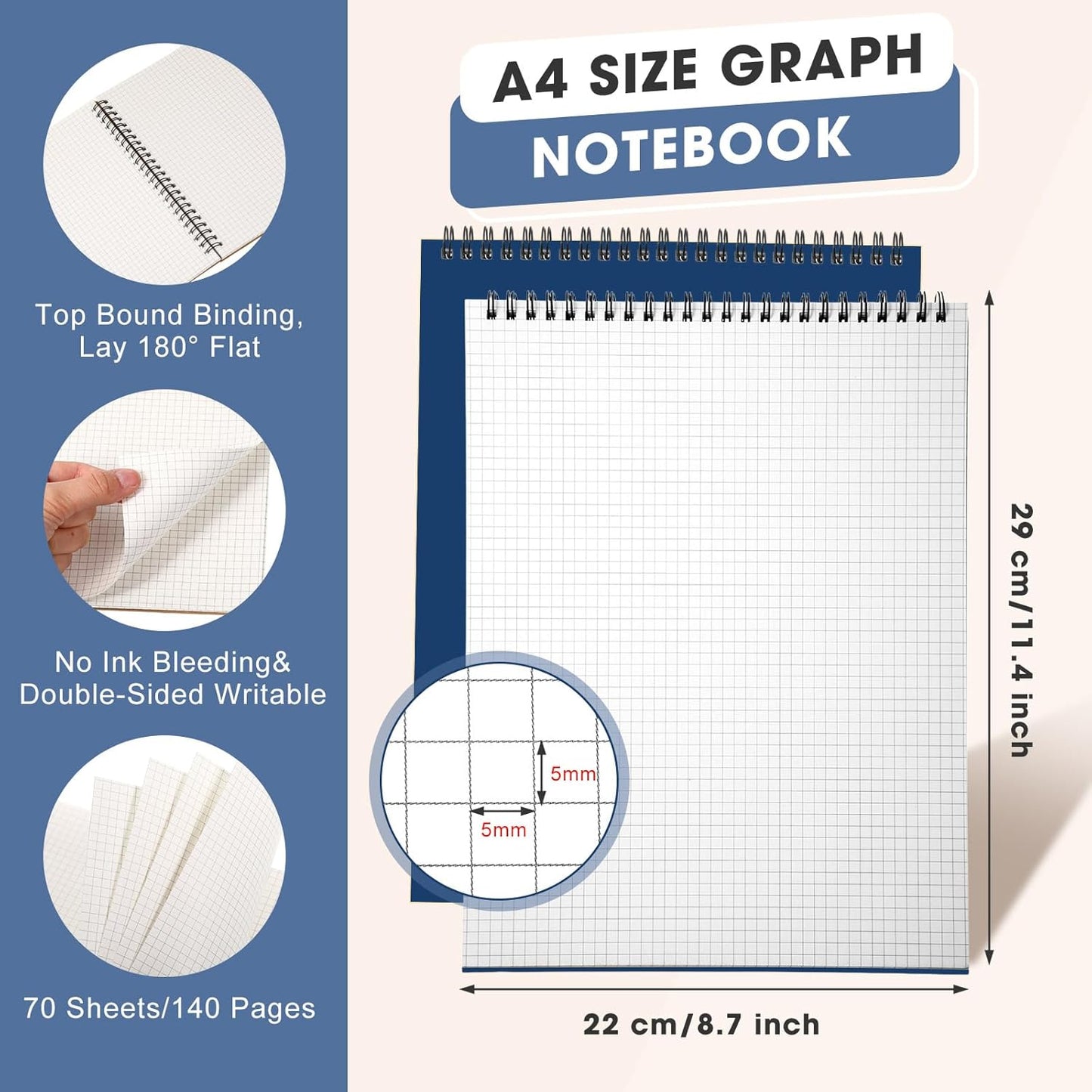 2 Pack Top Spiral Graph Paper Notebooks 8.7 X11.4 Inch A4 Grid Paper Notepad 70 Sheet Memo Steno Pad for Engineering Writing Sketching Drawing School Office Supplies (Dark Blue)