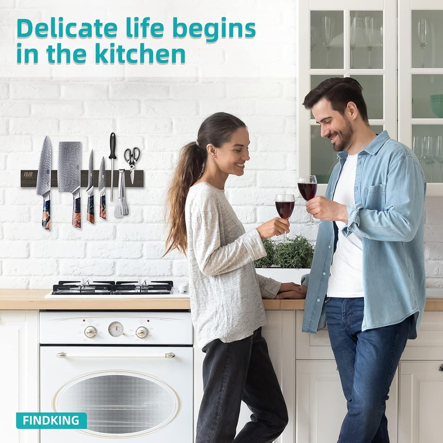 FINDKING Ash Wood Magnetic Knife Strip, Magnet Utensil Holder for Wall, Refrigerator, Wooden Rack for Kitchen Knives, No Drill (Dark Brown, 16 Inches, Without Knives)