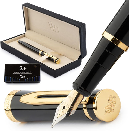 Wordsworth & Black Fountain Pen Set, 18K Gilded Extra Fine Nib, Includes 24 Pack Ink Cartridges, Ink Refill Converter & Gift Box, Gold Finish, Calligraphy, [Black Gold], Perfect for Men & Women