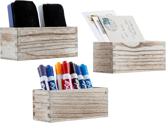 MyGift Rustic Torched Wood Magnetic Dry Erase Marker Holder for Whiteboard Accessories Organizer Bins, Set of 3