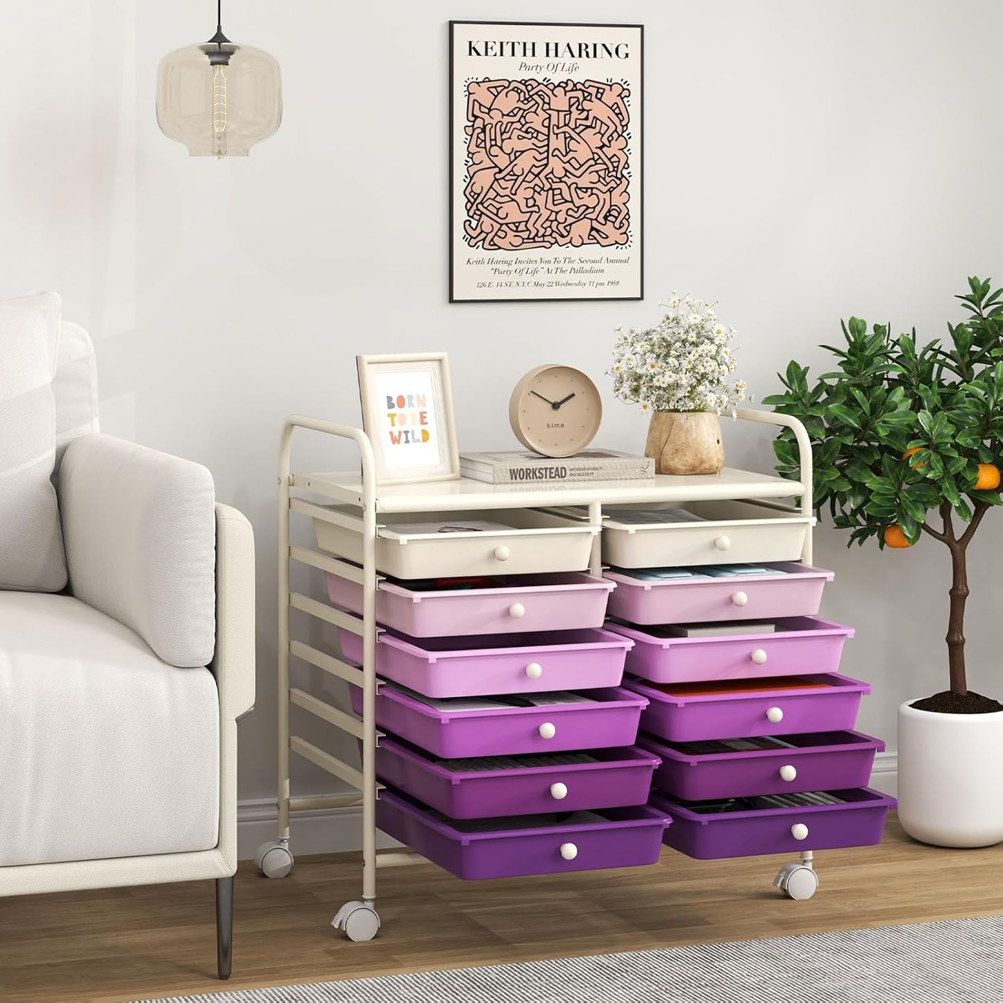 Giantex 12 Drawers Rolling Cart, Mobile Storage Drawer Cart, Classroom Organizer Cart for Office School Supplies Tools Scrapbook Paper Craft Small Printer, Utility Cart on Wheels, Purple Gradient