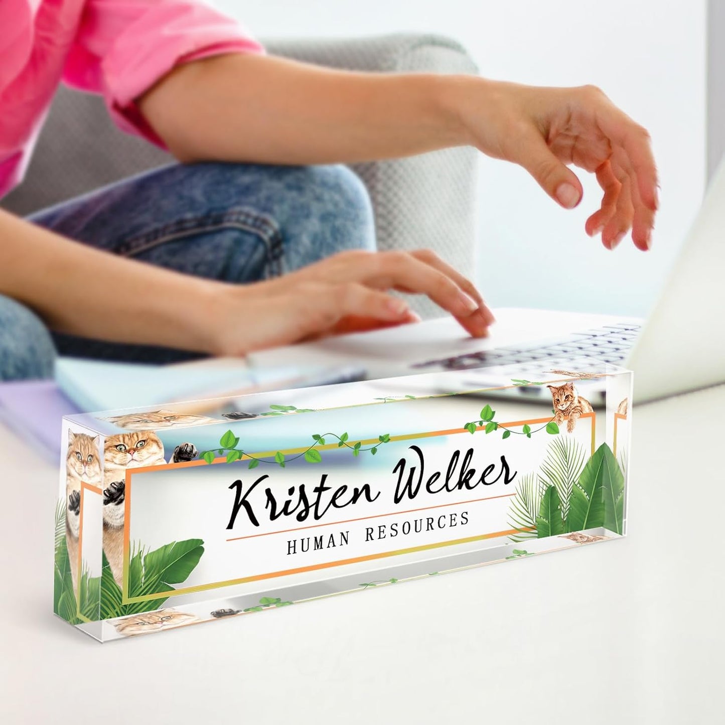 Gowellly Office Desk Name Plate Personalized - Custom Acrylic Name Plates for Desk - Employee Appreciation Gifts - Office Gifts for Teacher,Boss,Nurse,Lawyer,Women Office (Pet-cat-1)