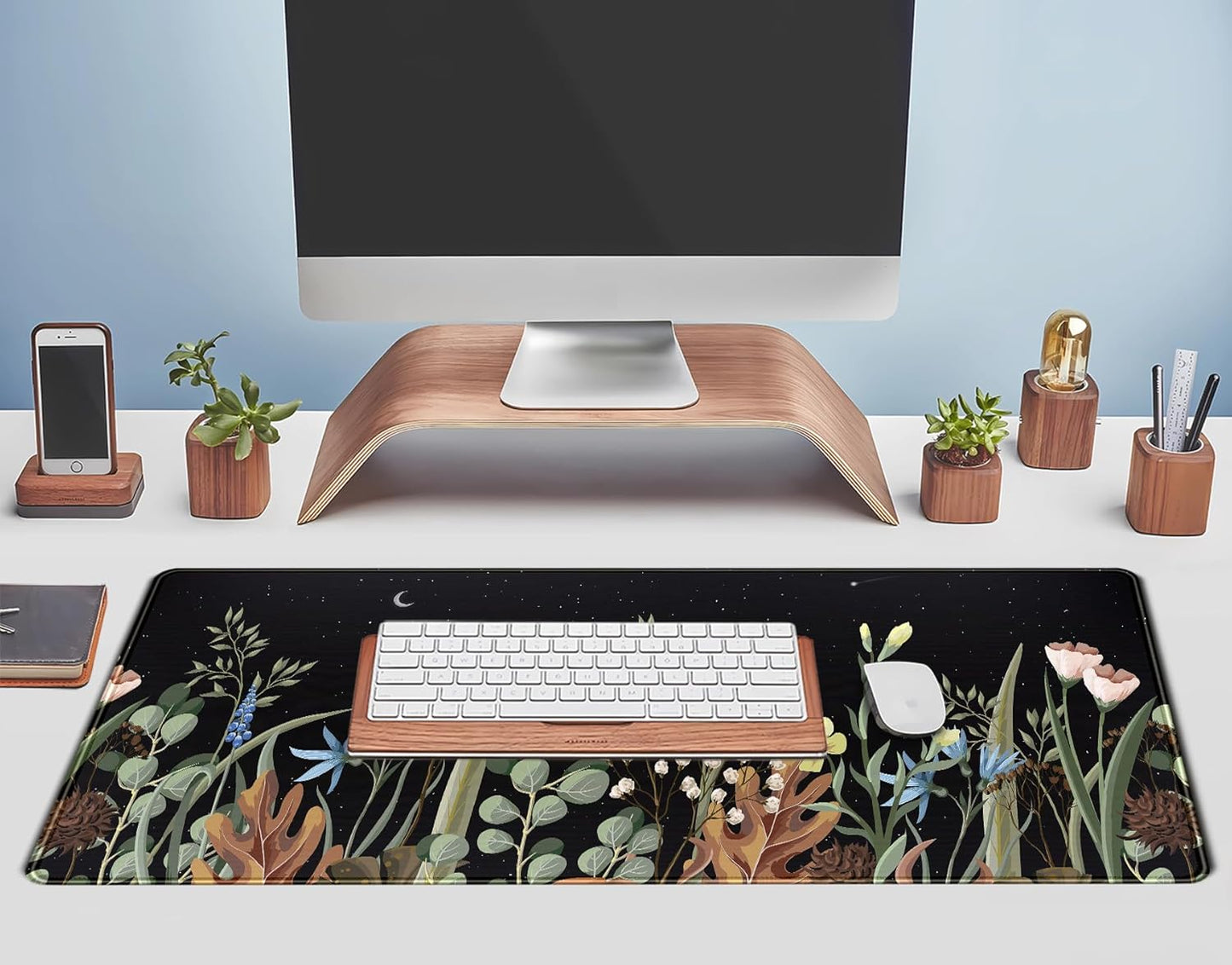 Cute Gaming Black Wild Flowers Desk Mat Mouse Pad Star Moon Floral Mousepad Large, XL Big Computer Keyboard and Mouse Mat Desk Pad Mat with Stitched Edge for Women Office Decor Deskmat 31.5x11.8 in