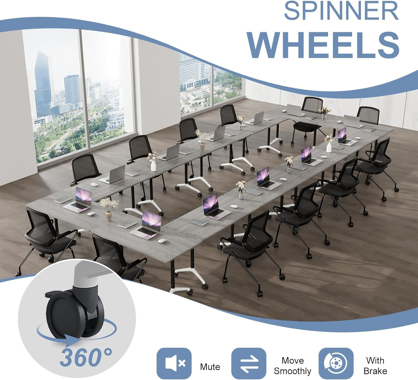 Folding Conference Table, Mobile Training Table for Office Conference, Modern Modular Rectangular Work Desk Meeting Seminar Work Tables with Caster Wheels, Large Breakroom Tables (10Pack L47.2in)