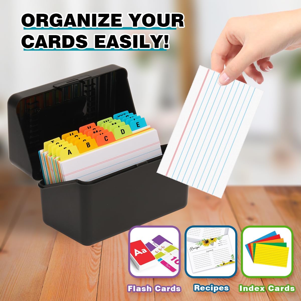 H4D 3x5 Index Card Holder with 100 Heavyweight Ruled Index Cards and 25 Plastic Dividers, Black