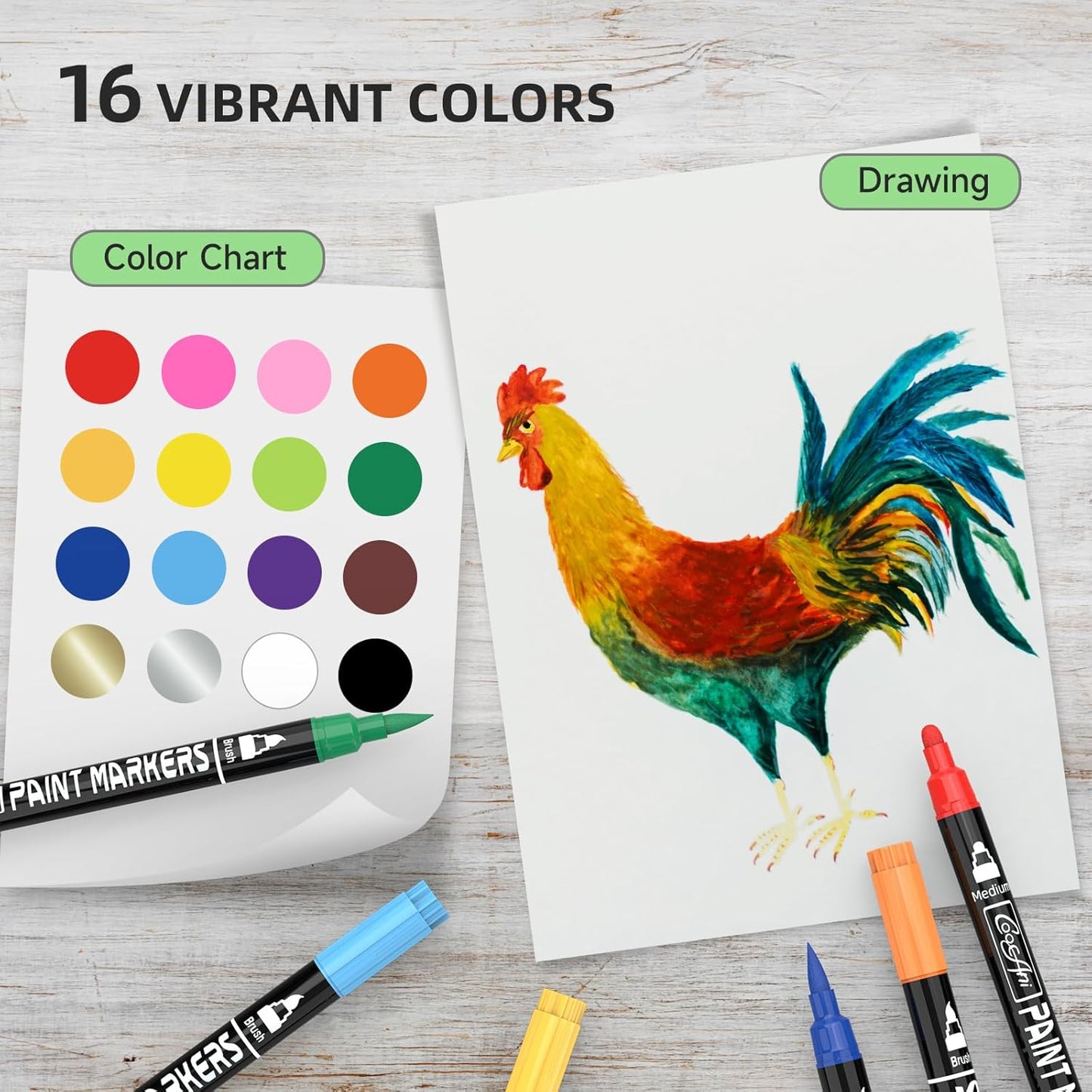 16 Colors Dual-tip Paint Marker, Brush and Medium Tip Acrylic Paint Markers for Wood,Rock Painting, Plastic, Canvas, Fabric, Glass,Mugs Almost Surface, DIY Project, Art Supplier