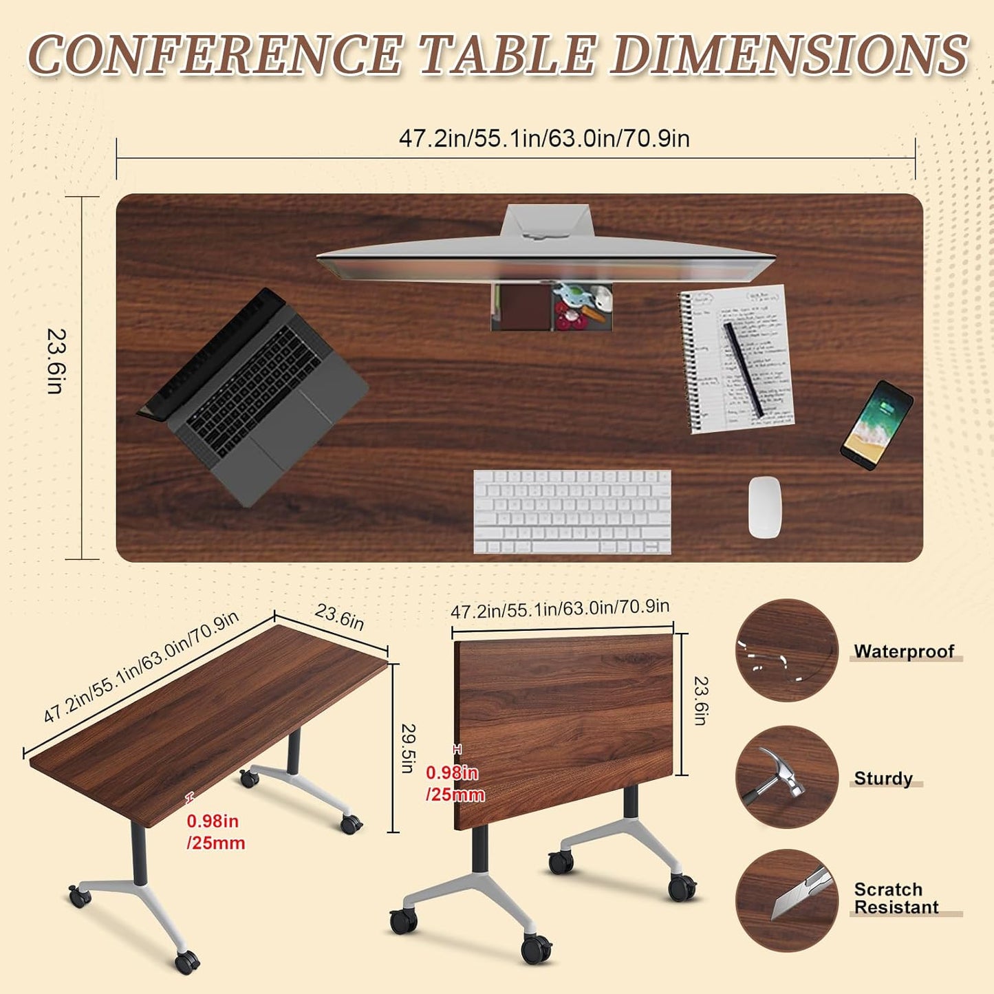 Folding Conference Room Table, Modern Conference Tables with Wheels, Large Rectangular Mobile Training Tables for Office Classroom, Foldable Modular Boardroom Seminar Table (6pack L70.9in)