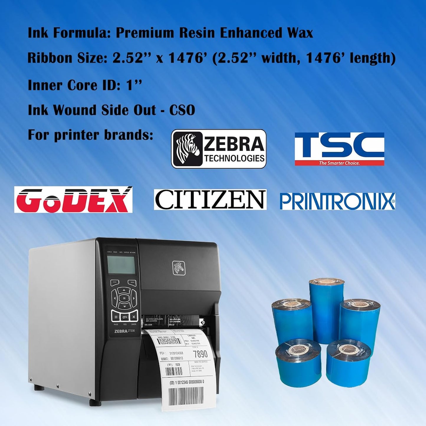 12 Rolls 2.52'' x 1476' Premium Resin Enhanced Wax Ribbon, 64mm x 450m Black Thermal Transfer Ribbon, Barcode Thermal Label Printer Ribbon, CSO-Ink Outside, 1'' Core for Zebra, TSC, GoDex, Citizen