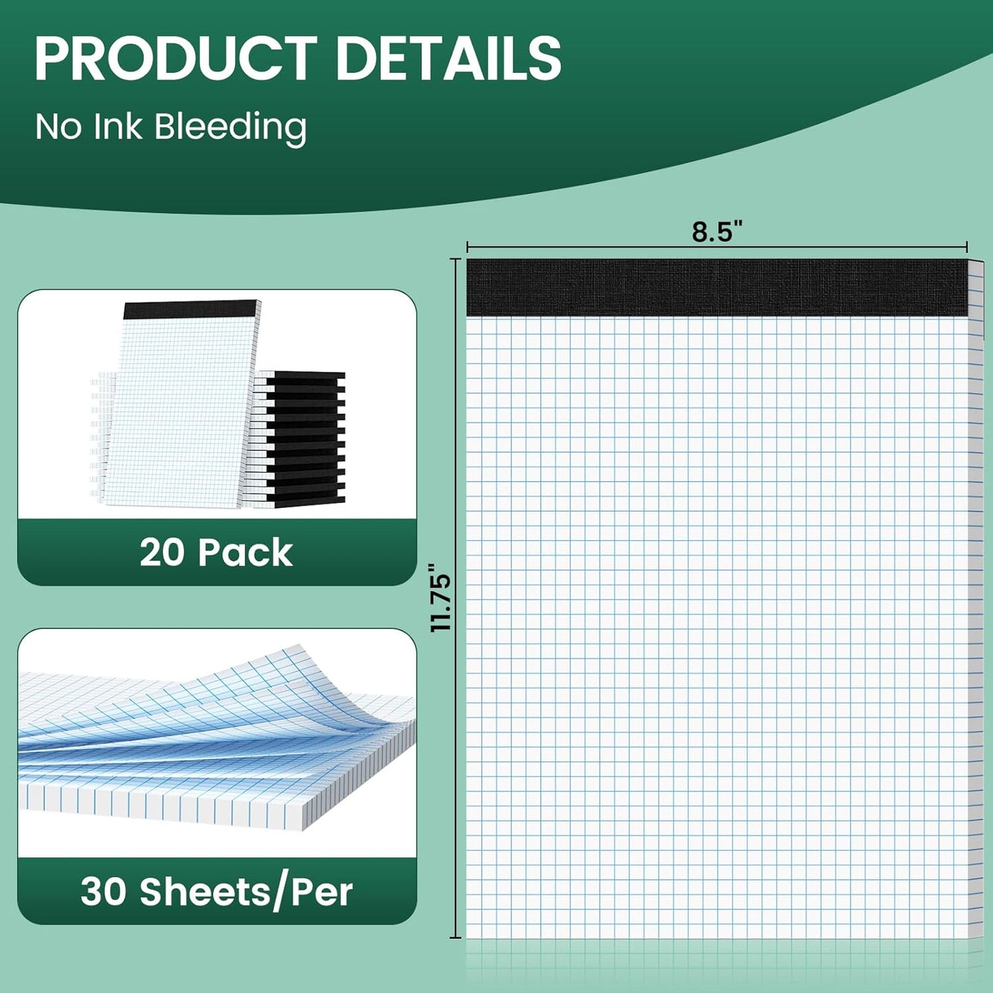 Graph Paper 8.5 X 11, 20 Pack, 4x4 Quad Ruled, Grid Paper Pad 8-1/2" X 11.75", Grid Pad 8.5 X 11.75, Engineering Notebook, Easy Tears Off, White 70 Gsm Graft Paper