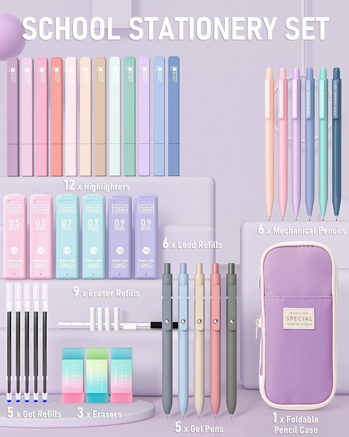 Four Candies 39 PCS Aesthetic School Supplies with Cute Pen Case, 12 Pastel Highlighters, 5 Black Ink Gel Pens, 6 Mechanical Pencils Set 0.5 & 0.7mm for Students Stationary College Essentials (Purple)
