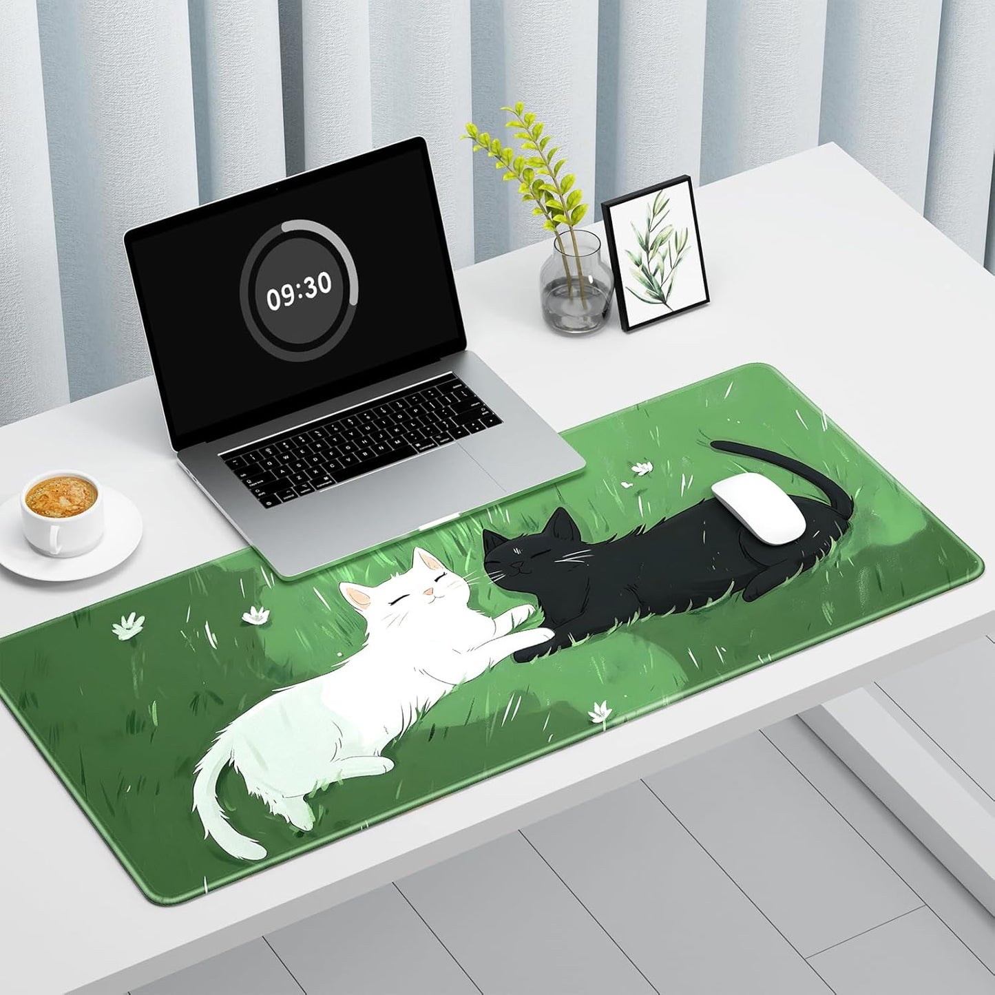 Auhoahsil Large Gaming Mouse Pad, Cute Cat Theme XXL 35.4 x 15.7 in Desk Pad Stitched Non-Slip Rubber Long Computer Mousepad Thin Extended Full Size Desk Mat for Desktop Laptop Wireless Mice, Green