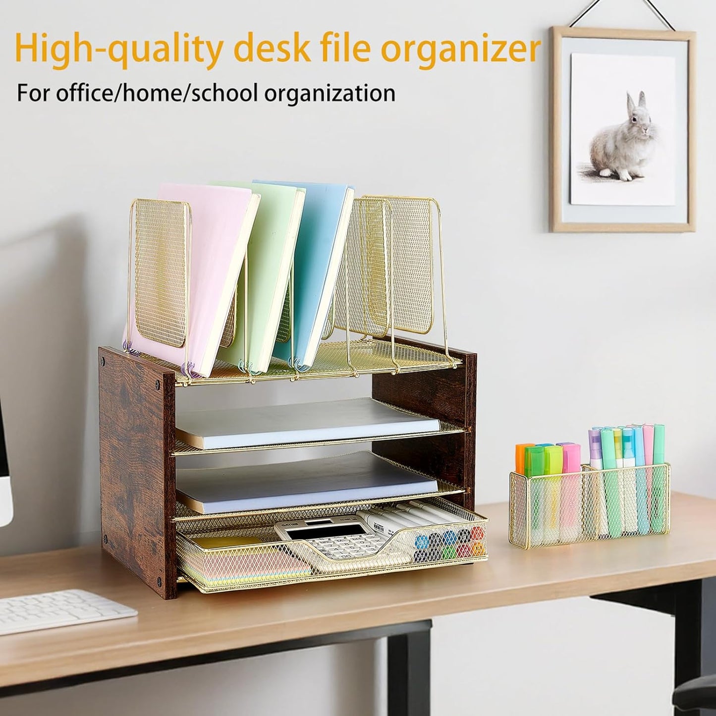 Gold Desk Organizers and Accessories,4-Tier Desktop File Organizer with Drawer, Wood Paper Organizer with 5 Vertical File Holders and Pen Holder for Office Supplies