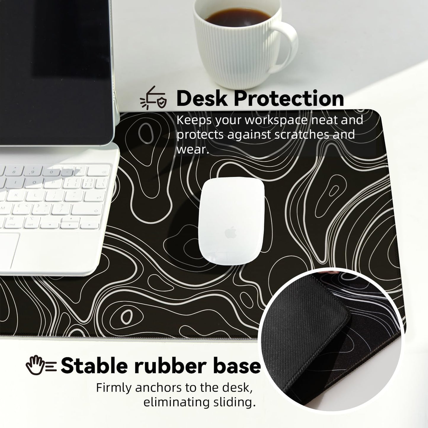Waterproof Large Gaming Mouse Pad with Durable Stitched Edges, Non-Slip Rubber Base, Smooth Surface Mouse Mat Desk Pad for Home Office Gaming, 31.5"x11.8"x0.12", Black Topographic Map