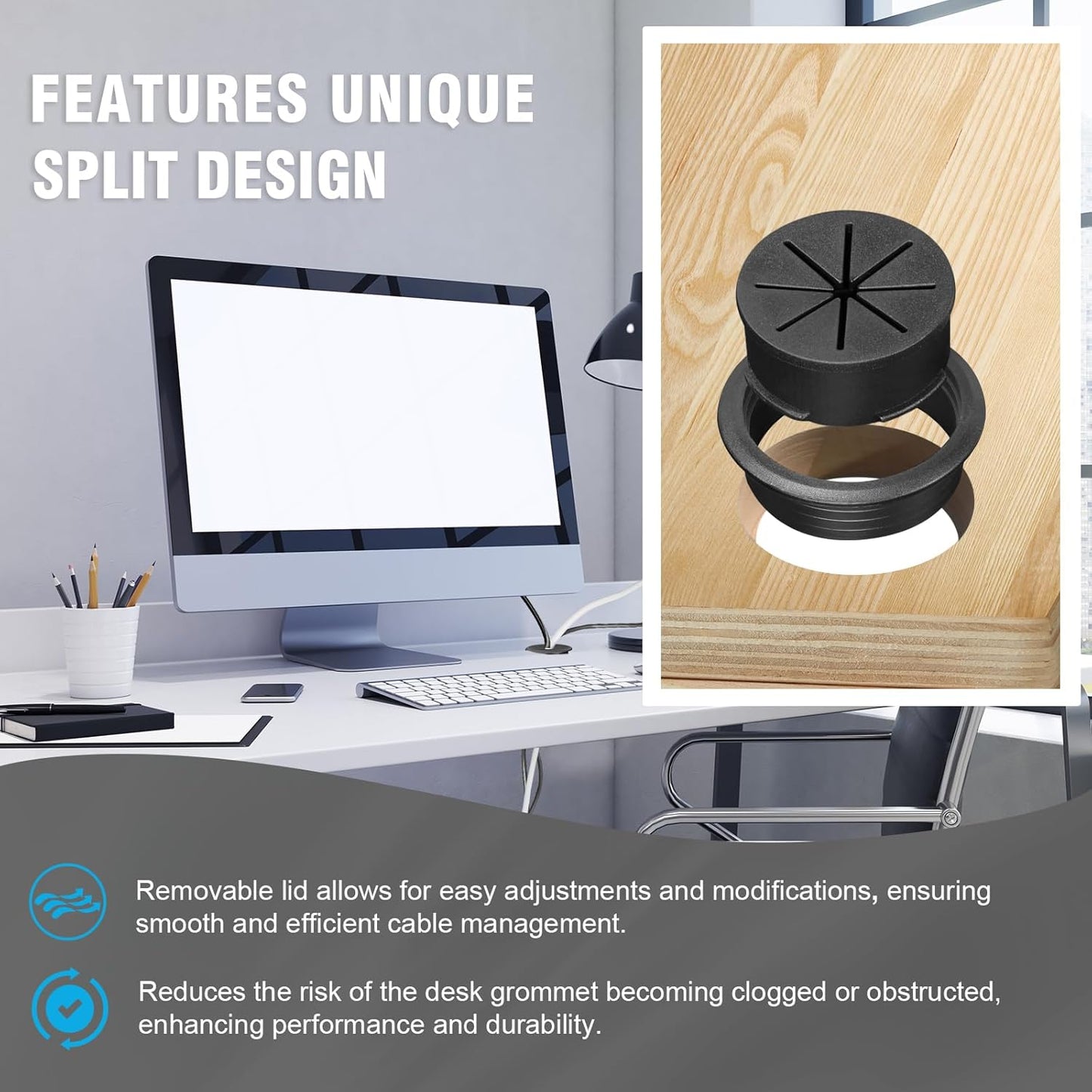 2" Black Desk Grommet, JTemgle Flexible Cable Grommet Plastic Cable Hole Cover Wire Organizer Caps Desktop Cord Management for Home Office TV Stands Tabletops, 5 Pieces