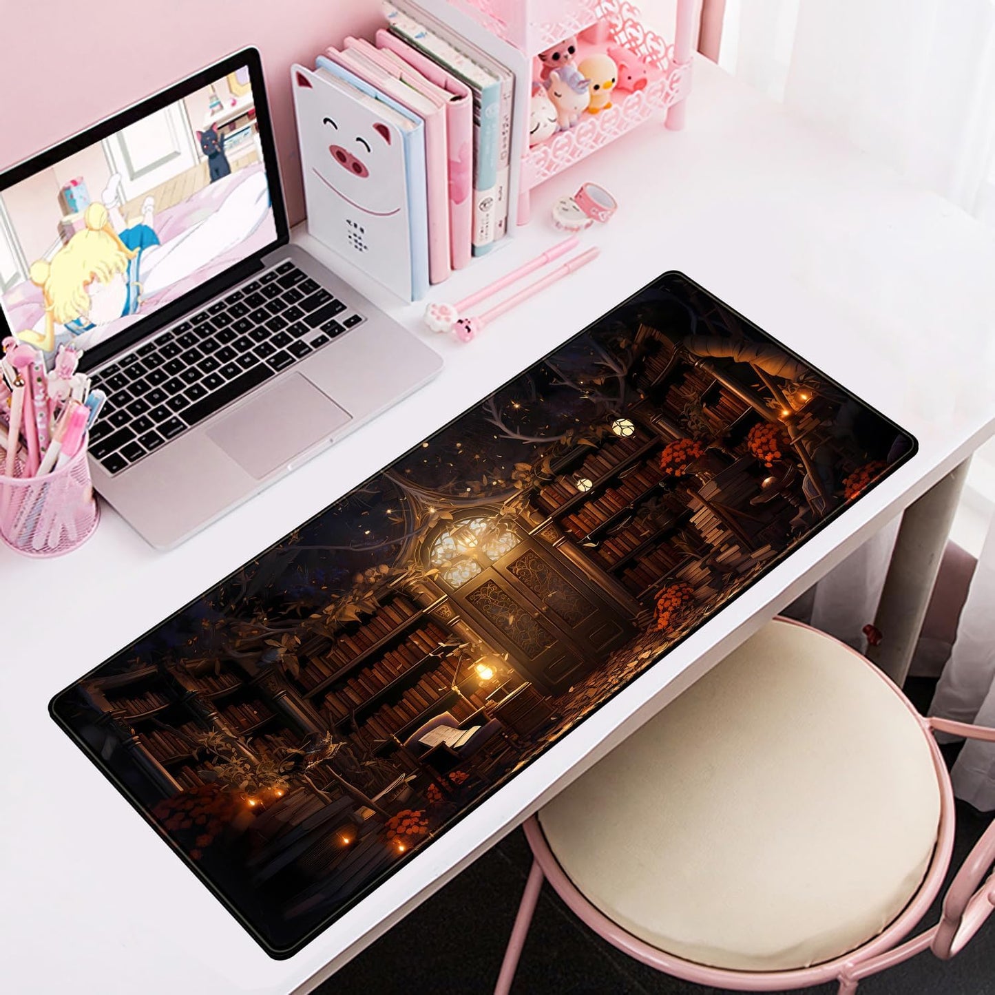 Vintage Desk Pad Magical Bookshelf Desk Mat Extra Large Big Office Mouse Pad Gaming with Stitched Edges Large Mousepad Home Office Gaming Work Computers Laptop Desk Accessories 31.5x11.8in