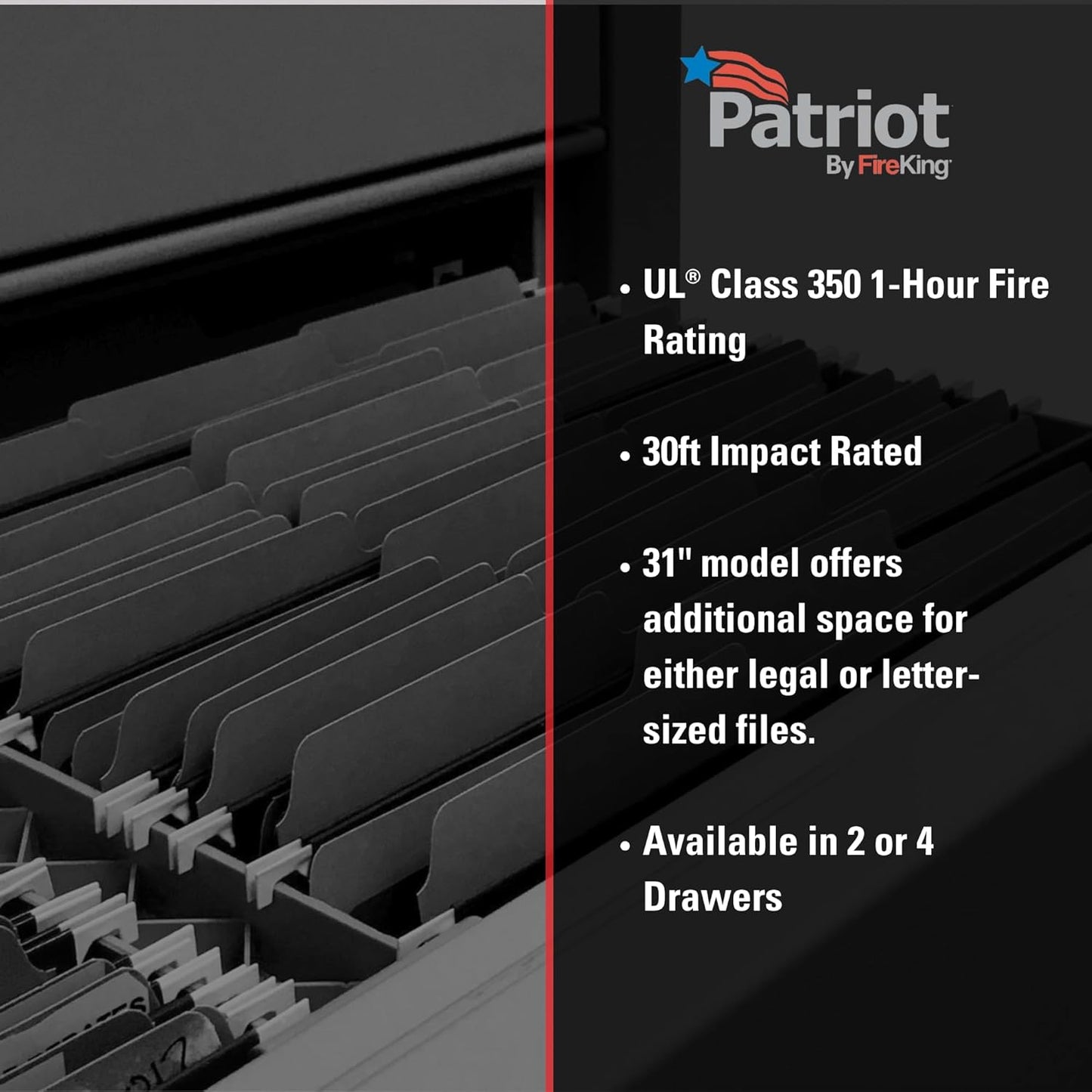 FireKing Patriot Vertical 4 Drawer Legal & Letter Fire Safe File Cabinet, Key Lock, 1 Hour Fire Rated UL Rated & Water Resistant, USA Made, Black