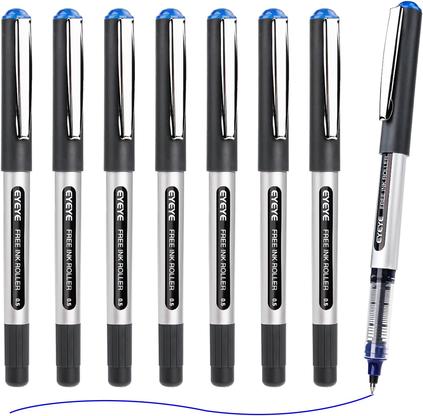EYEYE Blue Ink Rollerball Pens Extra Fine Point Quick Dry, 8 Pack 0.5mm Liquid Ink Pen Fine Point Smooth Writing Pens for Journaling, Note Taking, Office, School Supplies