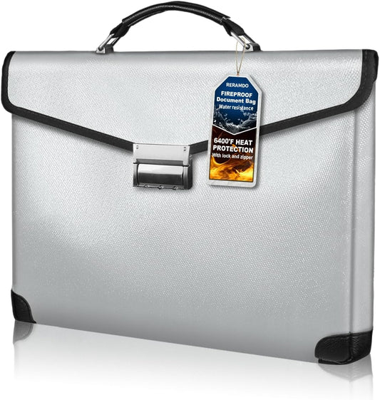 Fireproof Document Bag 14.5"X11"X2.5" Fireproof Money Bag for Cash With Lock and Zipper,Fire&Waterproof Storage Organizer Pouch for Valuables,Legal Document,Laptop,Passport,(Silver)