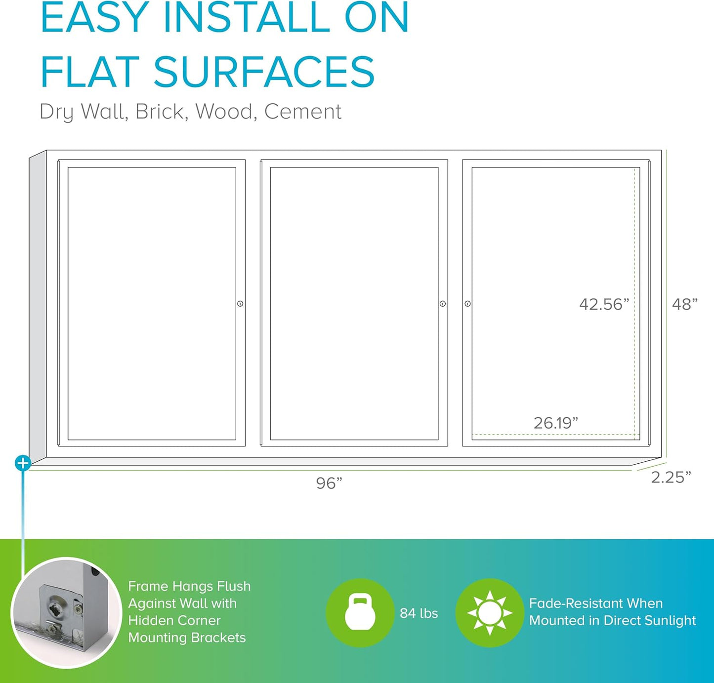 Ghent 48" x 96" 3-Door indoor Enclosed Recycled Rubber Bulletin Board, Shatter Resistant, with Lock, Satin Aluminum Frame,Confetti (PA34896TR-CF)-Made in USA