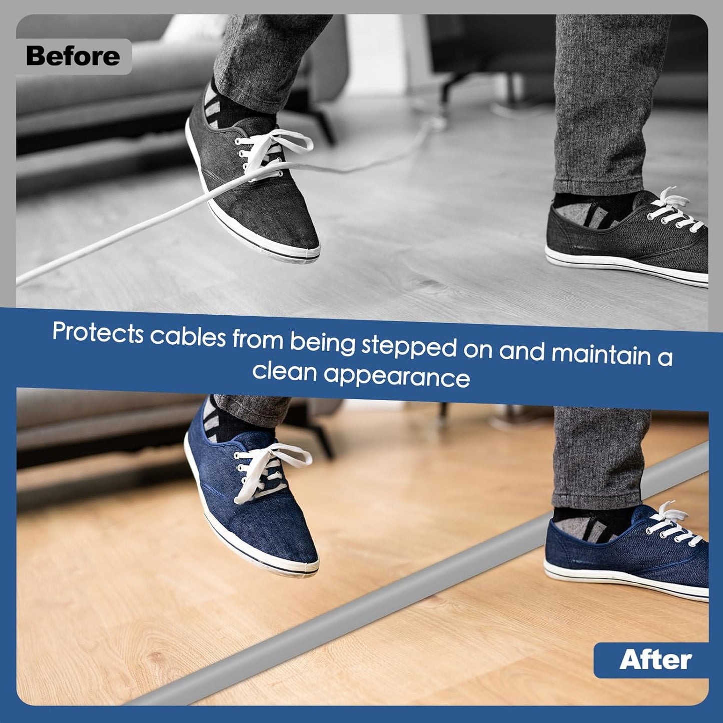 Floor Cord Cover for Wires on Floor Self Adhesive Cord Hider Floor Cable Management Wire Covers for Cords Protector Prevent Cable Trips Cord Cavity W 0.32" x H 0.32", Gray, 10Ft