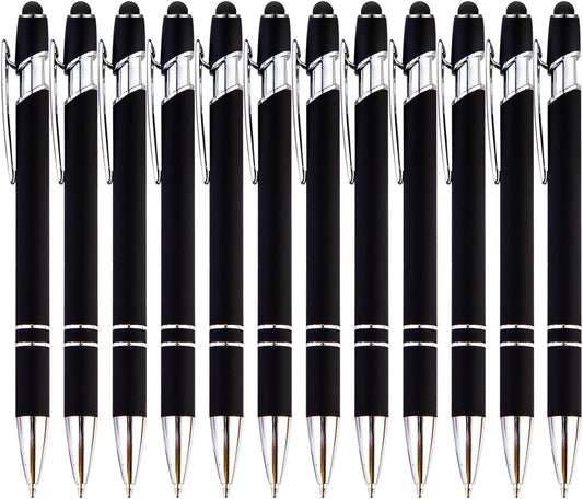 PASISIBICK 12 Pieces Black Ballpoint Pen with Stylus Tip, 2 in 1 Stylus Pen, Premium Metal Stylus Pen for Touch Screens, Black Ink, 1.0 mm Medium Point(12 Black)