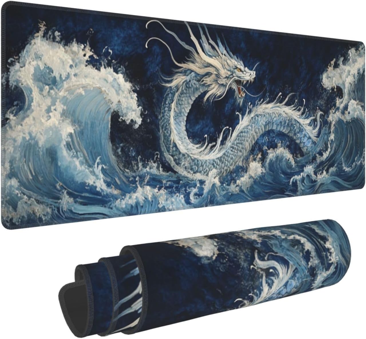 Dragon Wave Mouse Pad 31.5 X 11.8 Inch Big Desk Rubber Base Stitched Edges Keyboard Pad XXL Mouse Mat for Home Game and Office