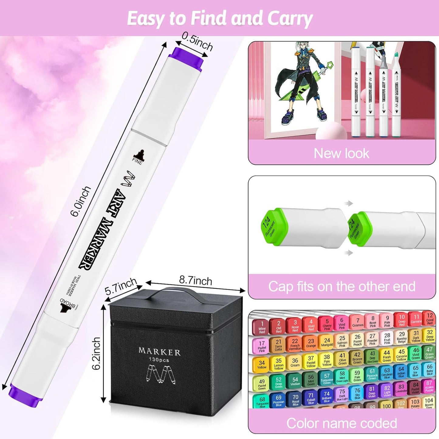 Banral 130 Colors Dual Tip Alcohol Based Markers, Twin Sketch Art Marker Set Pens for Artists Kids Adult Coloring Drawing Sketching Card Making Illustration, Premium Brush Markers with Case