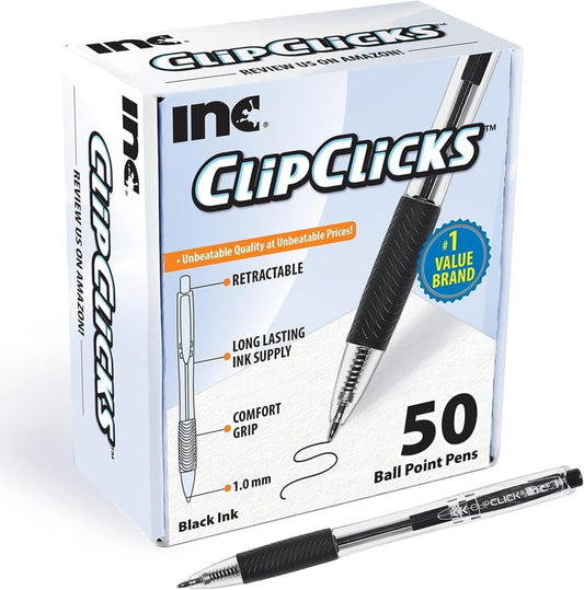 Inc. ClipClicks Retractable Ballpoint Pens - Bulk 1.0-mm Medium-Point Pen Set With Comfort Grip for School, Office, Writing, and Journaling, 50 Count, Black