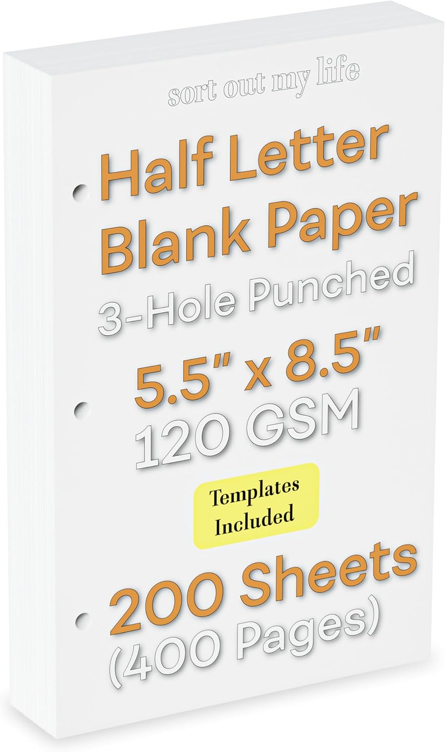Half Letter 3-Hole Punched Blank Paper, 200 Sheets, 120 GSM, Loose Leaf, 5.5 x 8.5 inch, for Printing Custom Templates and DIY Planning