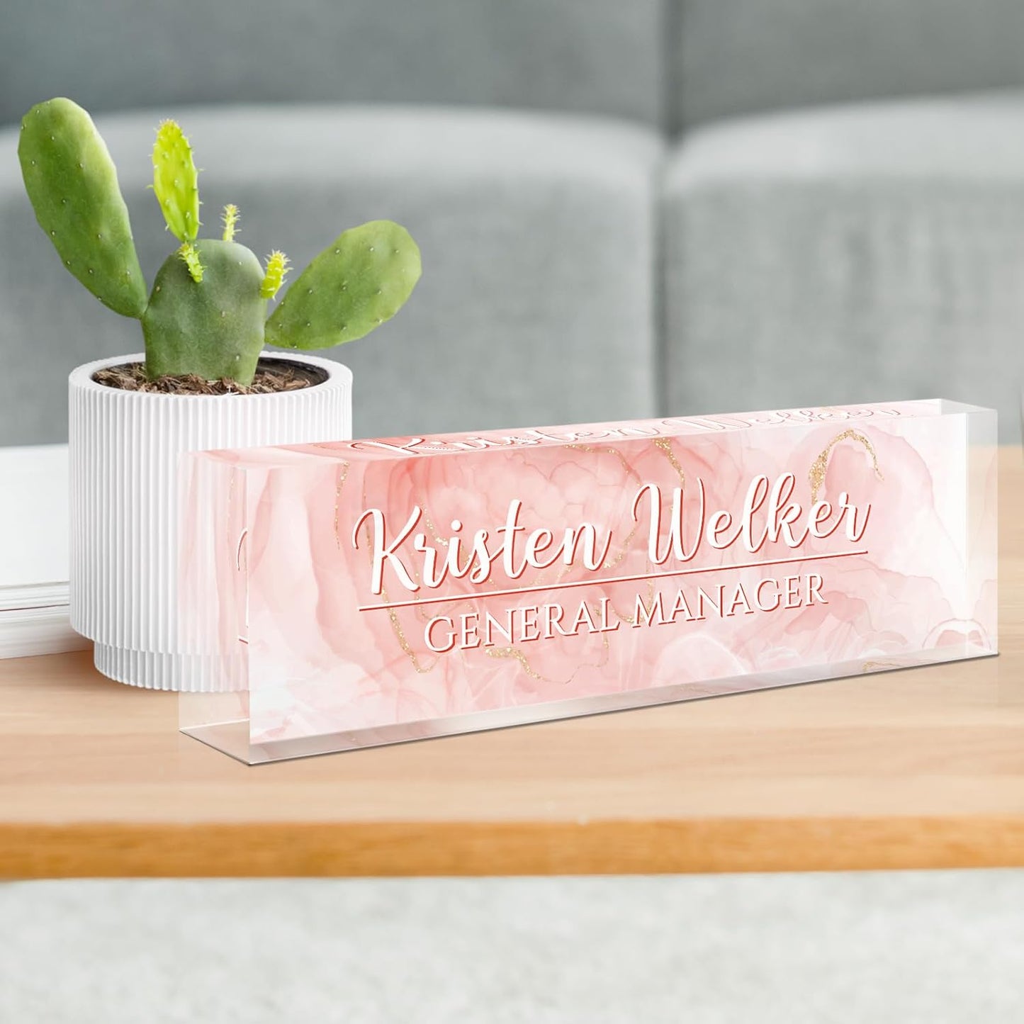 Gowellly Desk Name Plate Personalized - Custom Acrylic Name Plate for Desk - Enterprise Custom Logo/Text nameplates - Employee Appreciation Gifts (Pink)