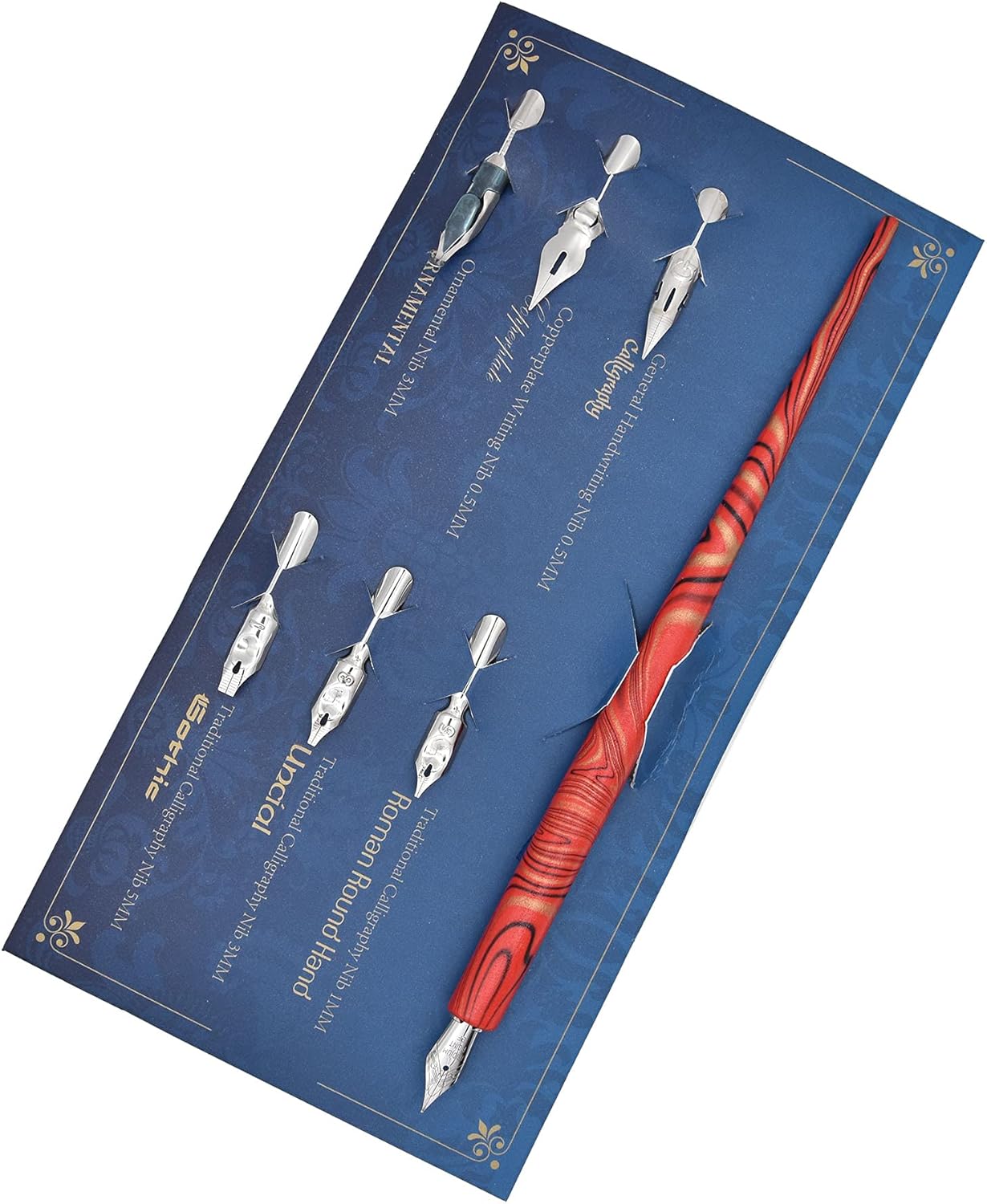 Gullor Wooden Dip Pen Calligraphy Set with Black Ink & 6 Nibs for Beginners, Kids, Writing, Signatures and Drawing, Red