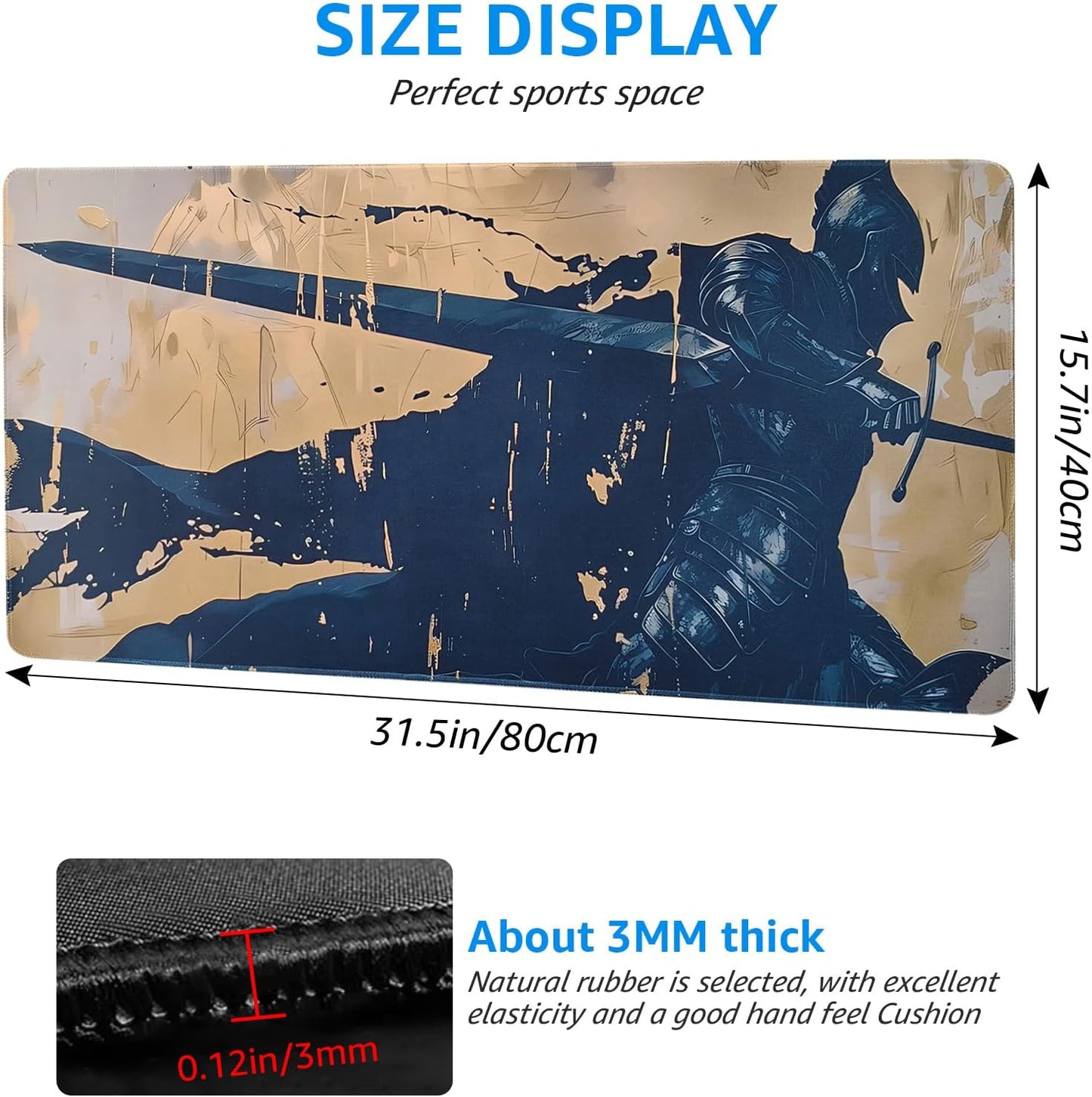 Non-Slip and Waterproof Gaming Mouse Pad, Extended XXL Desk Mat, Medieval Knight Design, Navy Blue and Beige, 31.5 x 15.7 inches, Lightweight