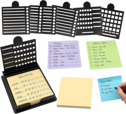 1PCS Sticky Note Holder with 5 Style Template & 1 Sticky Notes, 3.54X3.94 Sticky Note Stencil Dispenser for Post Note, Memo Pad Organizer with Five Line Box for Office and Home (Black)