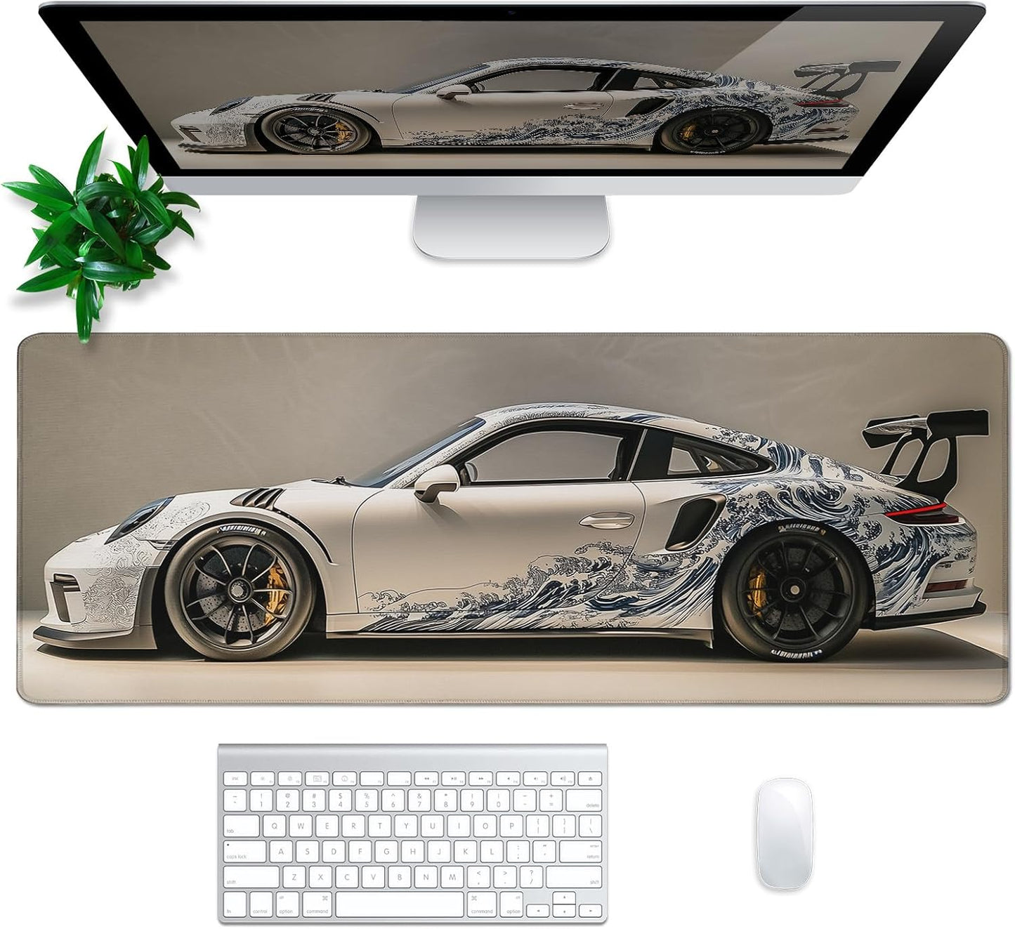 White Ukiyo-e Style Sports Car Mouse Pad Abstract White Mouse Pad 31.5x11.8 Inch Texture Non-Slip Rubber Base Large Mousepad Stitched Edges Keyboard Mouse Mat Desk Pad for Office