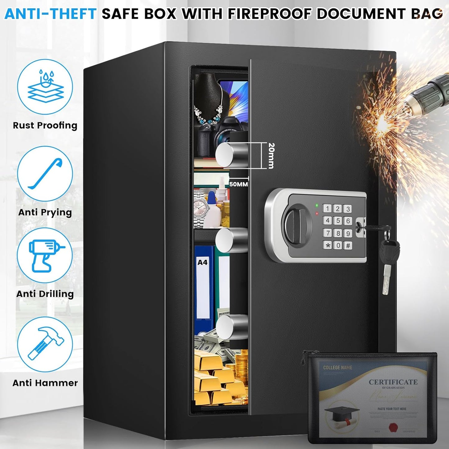 2.6 Cuft Safe Box, Steel Home Security Safe with Fireproof Waterproof Money Bag, Anti-Theft Safes for Home with Programmable Keypad Keys, Digital Safety Box for Documents Valuables Jewelry