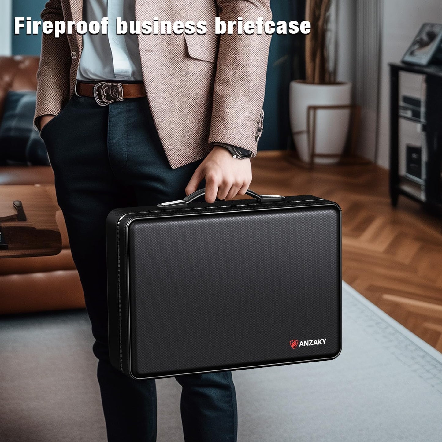 Fireproof Document Box with Fireproof Zipper, Hard Inner Shell Fireproof Document Bag with Lock, Fireproof Water Resistant Important Document Organizer 16 inch Laptop File Briefcase (Black)