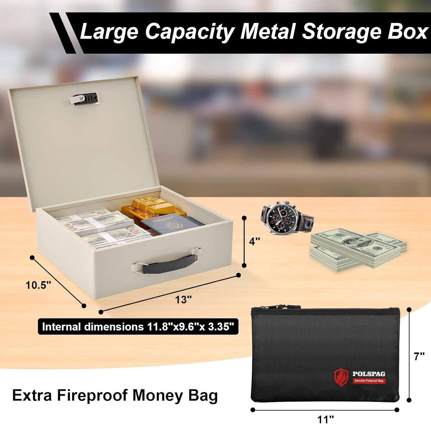 Fireproof Document Box with Key Lock & Fireproof Money Bag,Fire Safe Box for Valuables,Fire Resistance Security Chest,Fireproof Box for Documents,Passport Extra Large (White-Combination, Large)