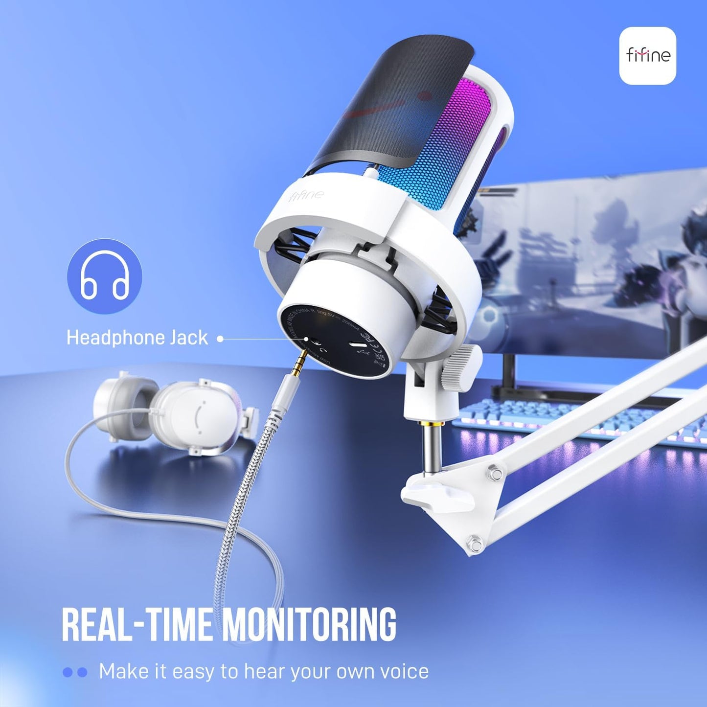 FIFINE Gaming PC USB Microphone Kit, Condenser RGB Mic with Metal Boom Arm, Mute, Gain Knob, Headphones Monitoring, Streaming Microphone Bundle for PS4/PS5, YouTube, Discord, Twitch-A8T White