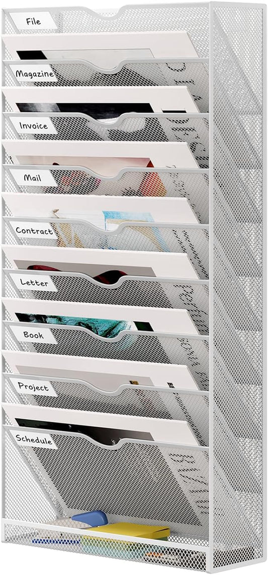 10 Tier Hanging Wall File Holder, Metal A4 Wall Mounted Document Holder, Vertical Hanging Mail Organizer, Magazine Storage Rack with Tray for Office Home Classroom, White