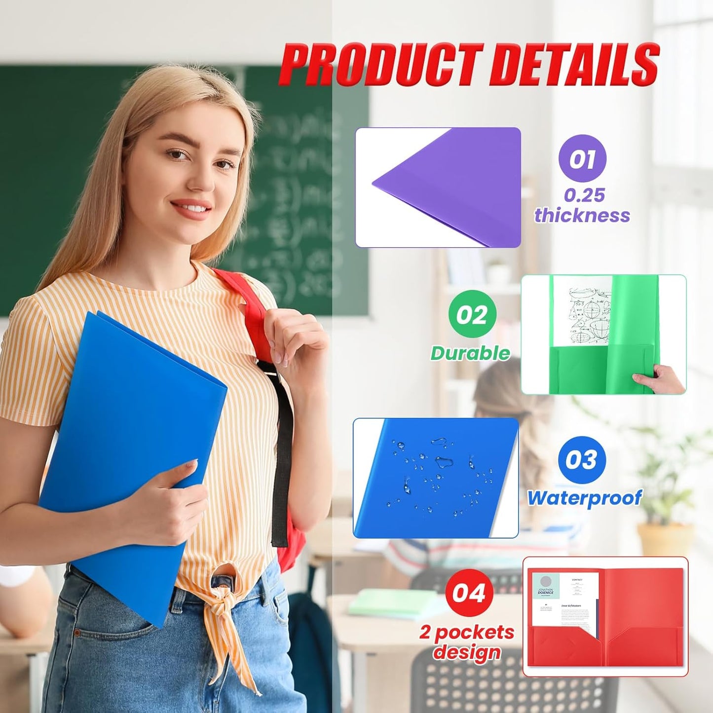 Gueevin 24 Pcs Plastic Folders with Pockets, Back to School Two Pocket Folder Fit Letter Size, Heavy Duty School Business Card Holder for Home Office, 11. 61 x 9. 45 Inches (Multicolored)