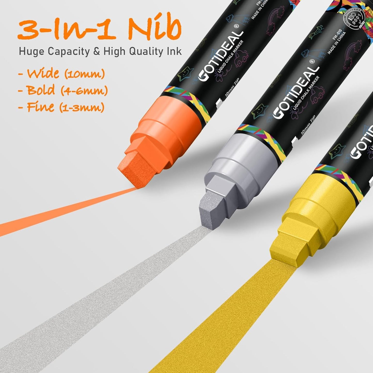 GOTIDEAL Window Markers, Jumbo Chalk Markers for Blackboard, Washable Car Marker for Chalkboard,Glass Mirrow,10mm Thick Tip12 Colors With Metallic Colors